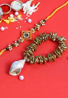 Olive Colored And Yellow Shell Beaded Bhaiya Bhabhi Rakhi