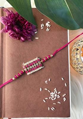 Men Pink And White Stone Studded Pearl Beaded Rakhi