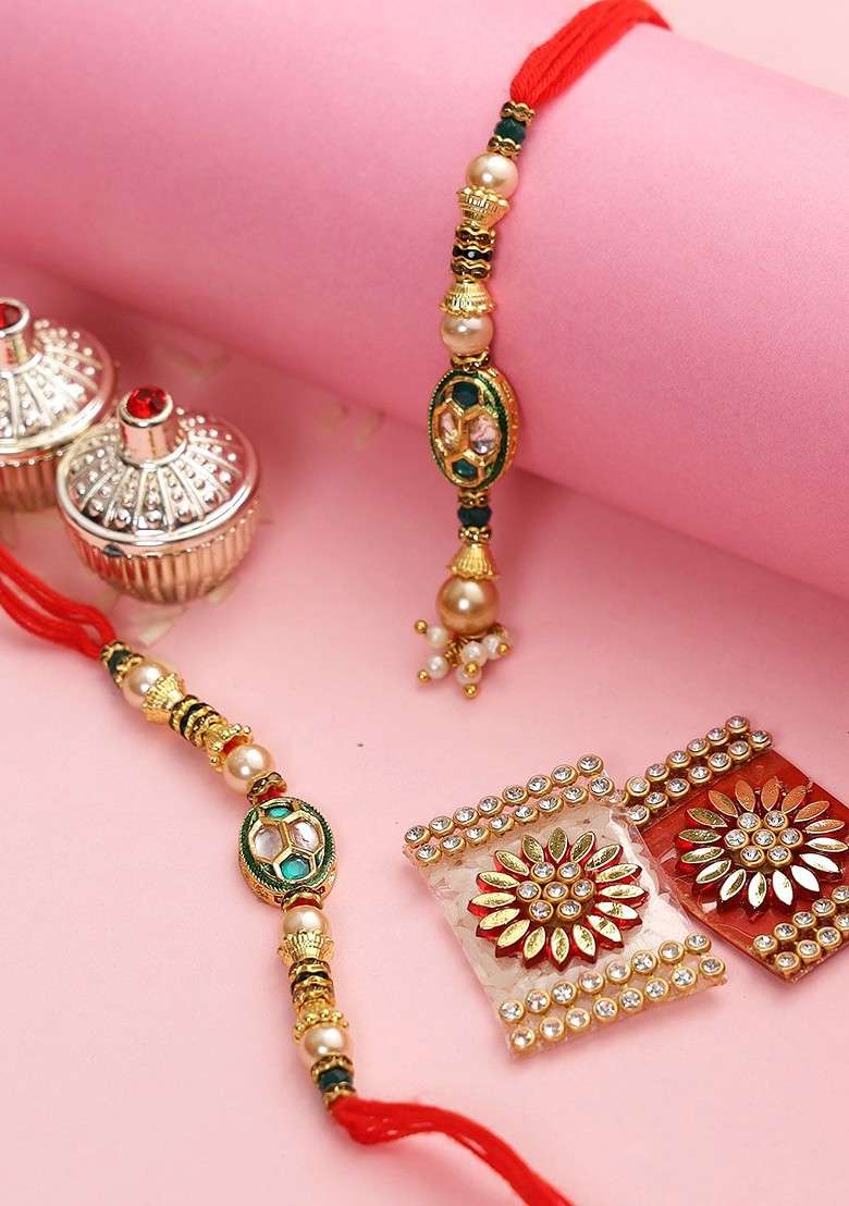 Gold Toned Meenakari Bhaiya Bhabhi Rakhi Set - Indya