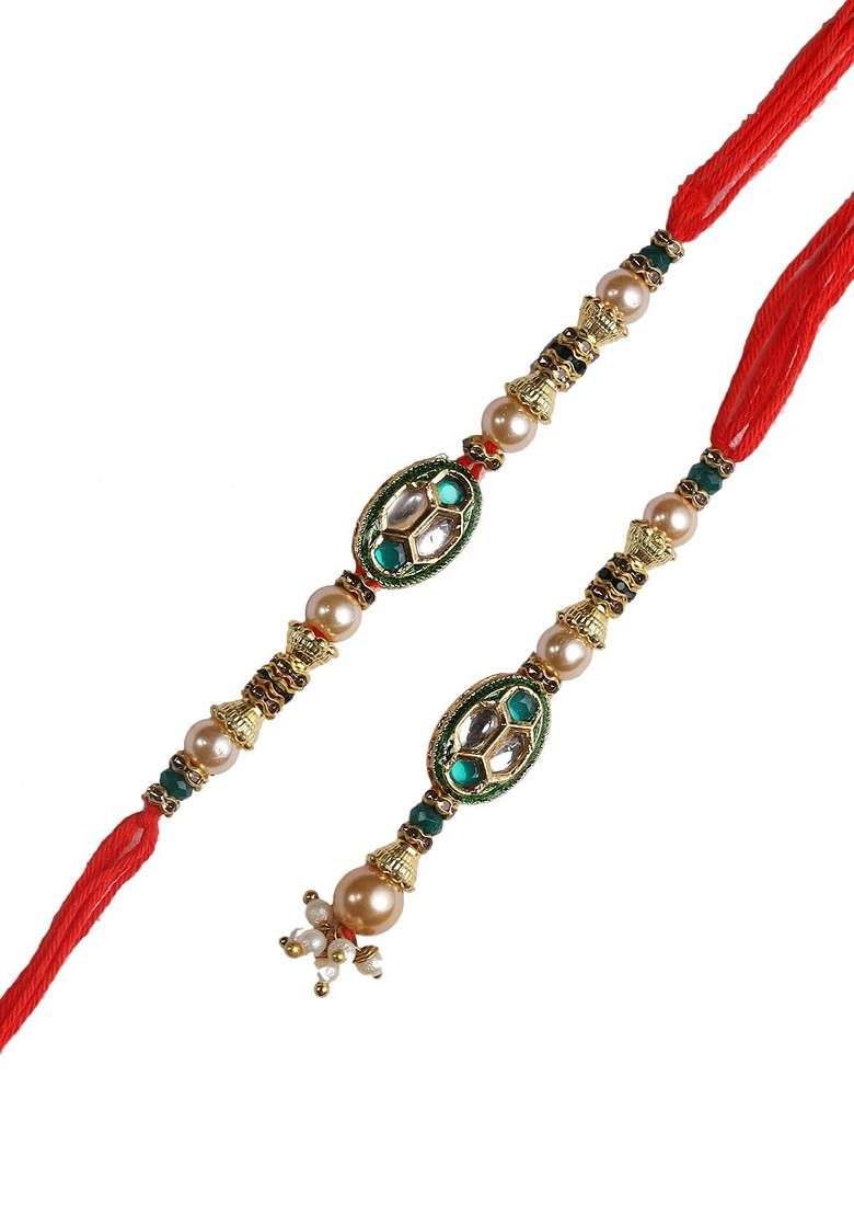 Gold Toned Meenakari Bhaiya Bhabhi Rakhi Set - Indya