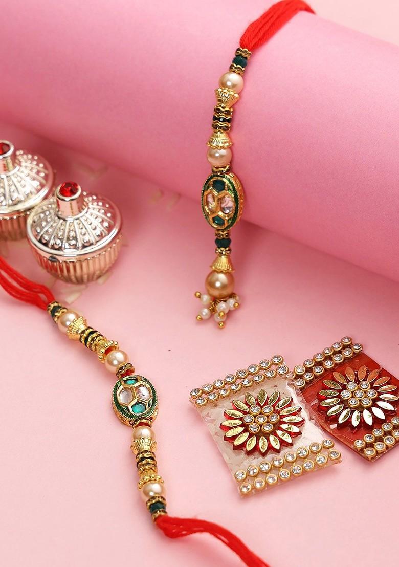 Gold Toned Meenakari Bhaiya Bhabhi Rakhi Set
