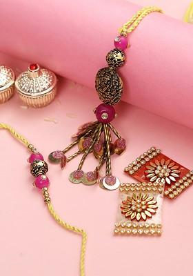 Set Of 2 Gold Toned And Pink Handcrafted Antique Divine Bhaiya Bhabhi Rakhi