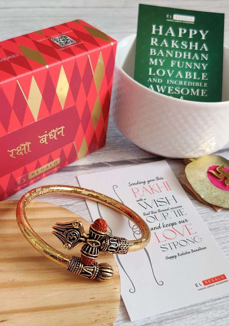 Gold Toned Bracelet Style Kada Rakhi With Rudraksha - Indya