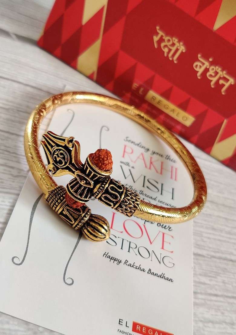 Gold Toned Bracelet Style Kada Rakhi With Rudraksha - Indya