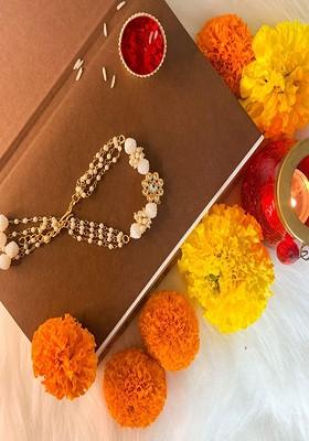 Gold Toned And White Beaded And Studded Lumba Rakhi