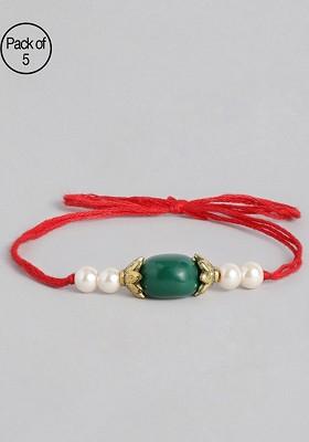 Set Of 5 Green And Off White Pearl Beads Studded Rakhi
