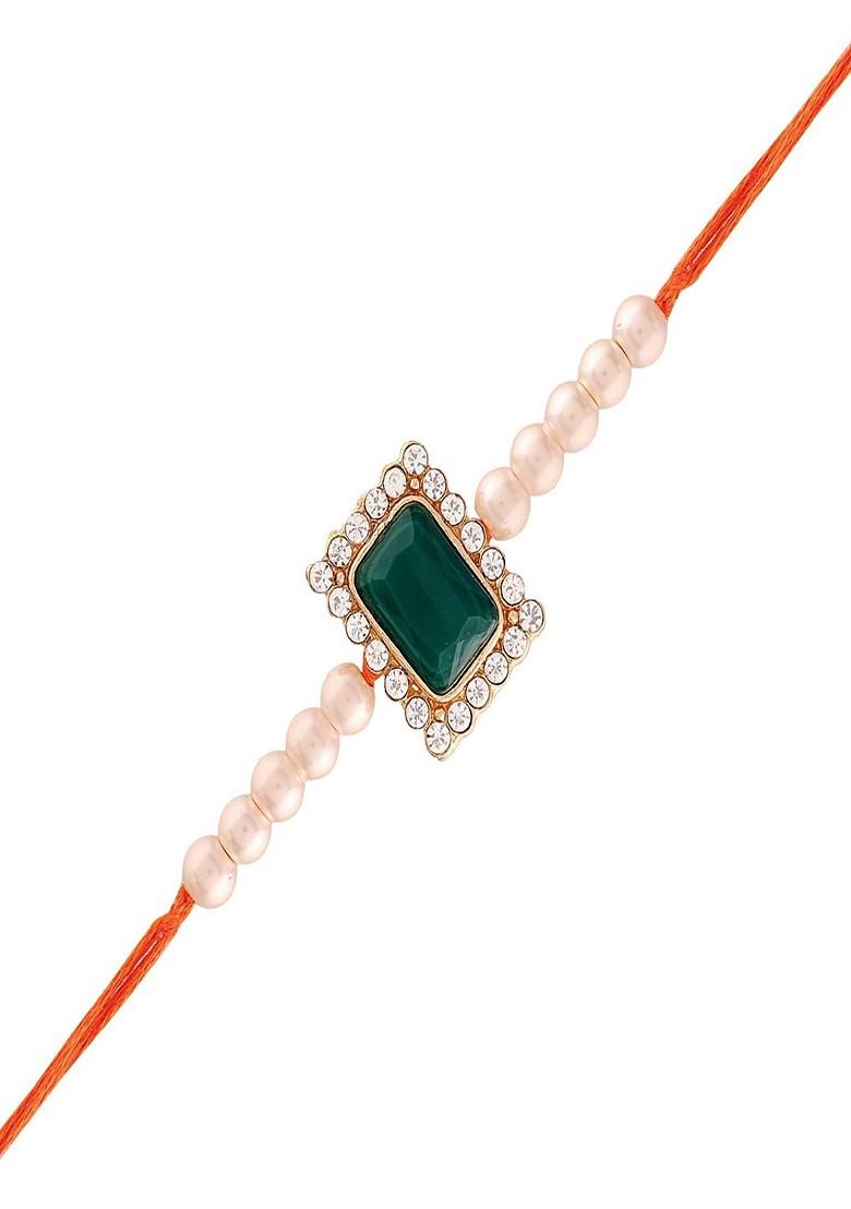 Green And White Beads Studded Rakhi - Indya