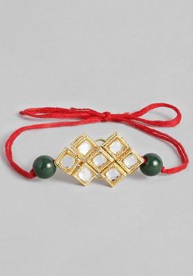 Green And Off White Pearl Beads Studded Rakhi