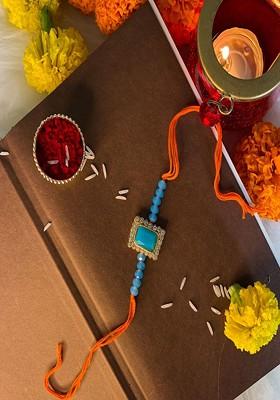 Turquoise Blue Pearl Beads Studded Rakhi