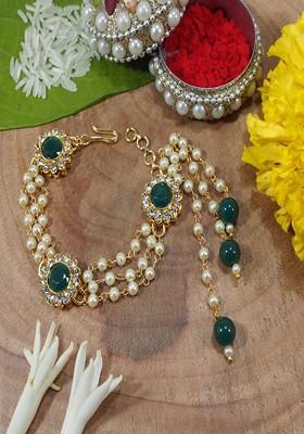 Gold Toned And Green Beaded And Studded Lumba Rakhi