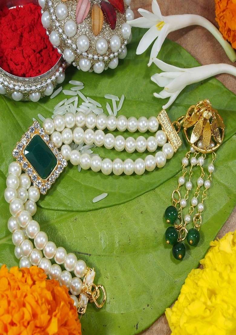 Women Green And Off White Pearl Beads Studded Lumba Rakhi - Indya