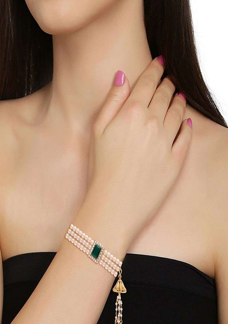 Women Green And Off White Pearl Beads Studded Lumba Rakhi - Indya