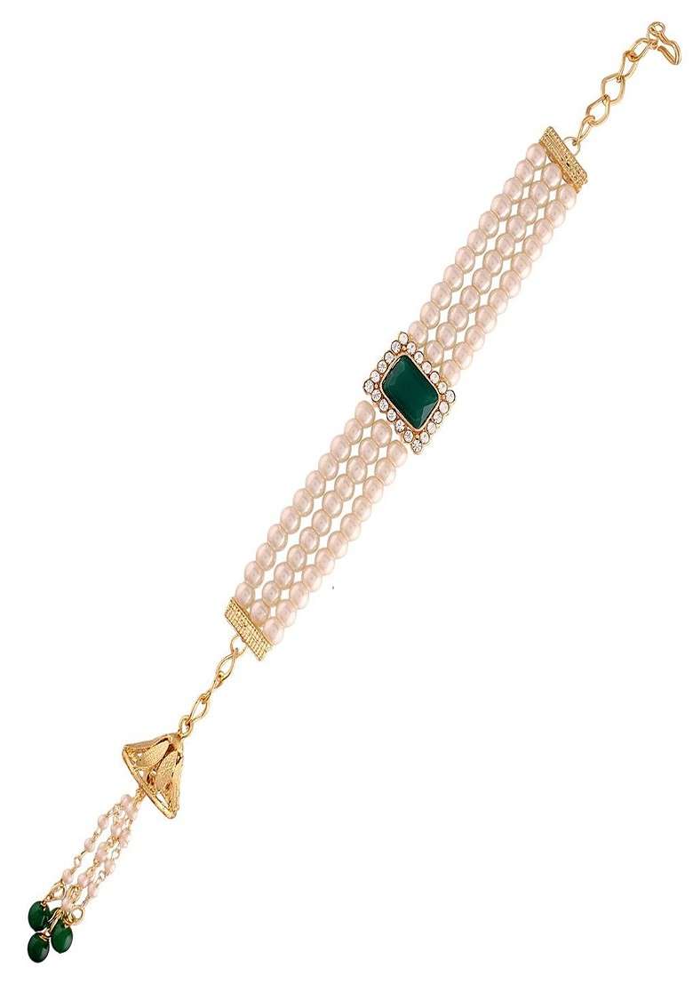Women Green And Off White Pearl Beads Studded Lumba Rakhi - Indya