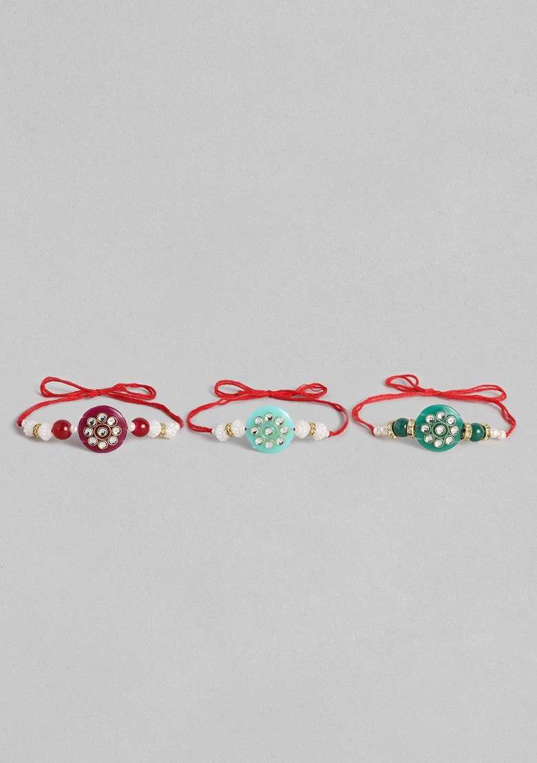 Women Set 3 Studded And Beaded Lumba Rakhis - Indya