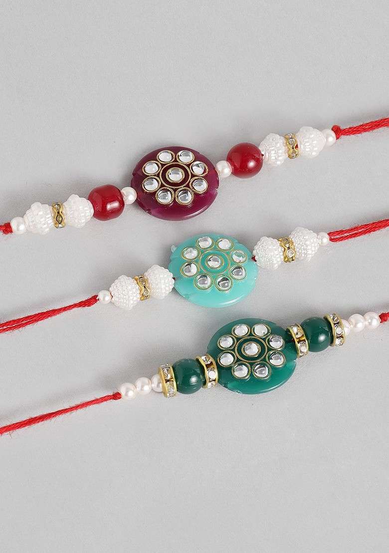Women Set 3 Studded And Beaded Lumba Rakhis - Indya