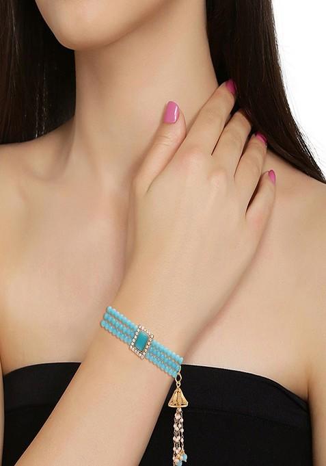 Women Turquoise Blue Pearl Beads Studded Lumba Rakhi