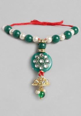 Women Green And Off White Pearl Beads Studded Lumba Rakhi