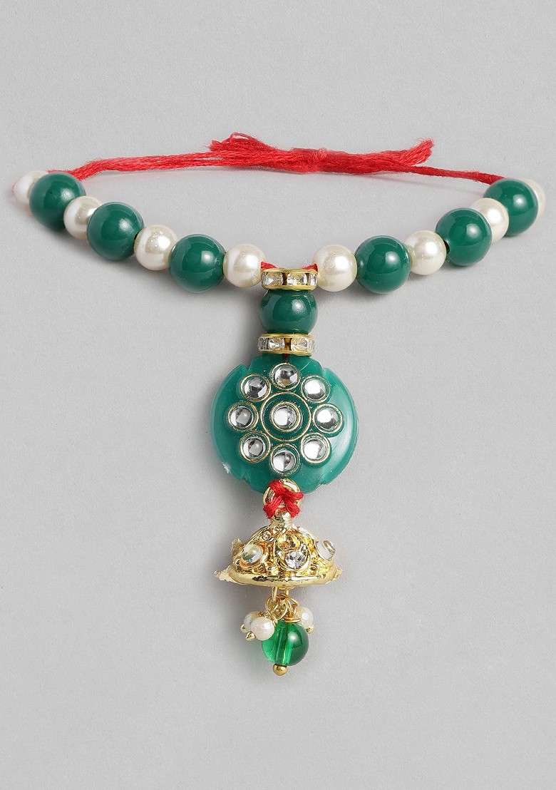 Women Green And Off White Pearl Beads Studded Lumba Rakhi - Indya