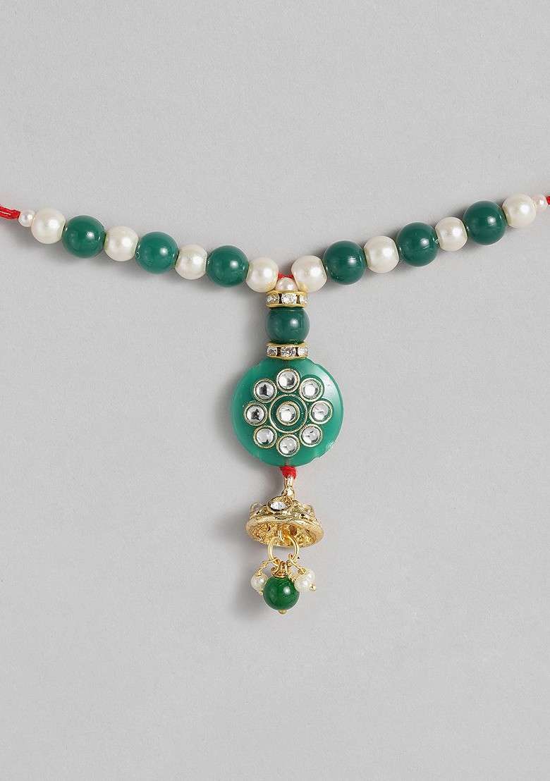 Women Green And Off White Pearl Beads Studded Lumba Rakhi - Indya