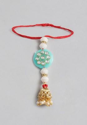 Women Blue And White Pearl Beads Studded Lumba Rakhi