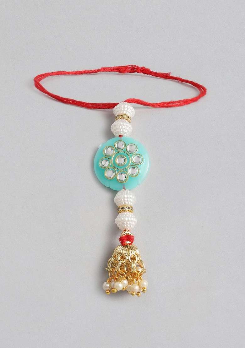 Women Blue And White Pearl Beads Studded Lumba Rakhi - Indya