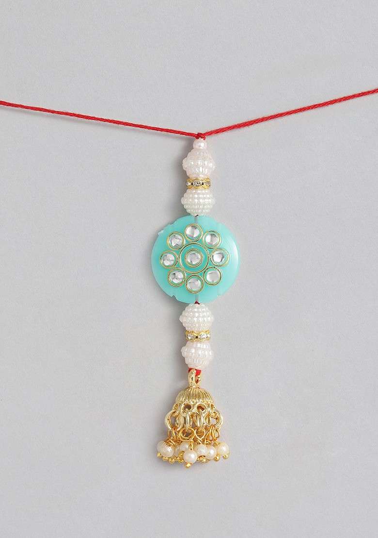 Women Blue And White Pearl Beads Studded Lumba Rakhi - Indya
