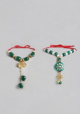 Women Set 2 Green And Gold Toned Beaded Lumba Rakhis