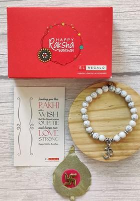 Men White Om Charm Pearl Beaded Bracelet Rakhi
