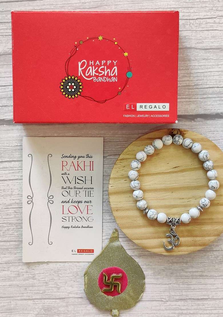 Men White Om Charm Pearl Beaded Bracelet Rakhi - Indya