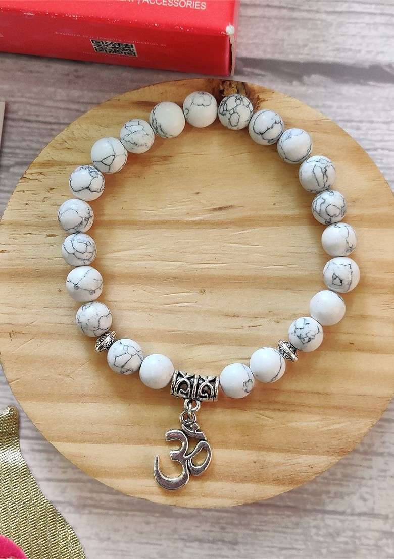 Men White Om Charm Pearl Beaded Bracelet Rakhi - Indya