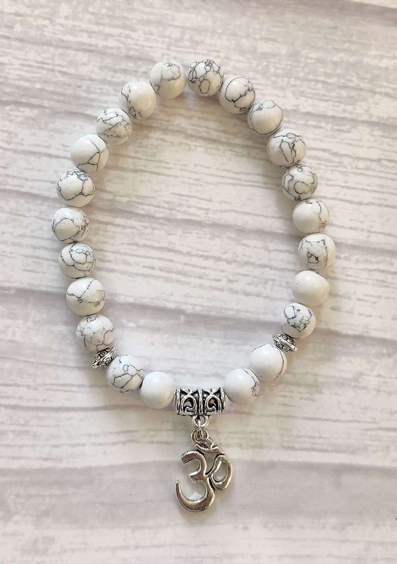 Men White Om Charm Pearl Beaded Bracelet Rakhi - Indya