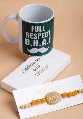 Gold Plated Yellow Pearls Rakhi With Printed Mug Gift Set