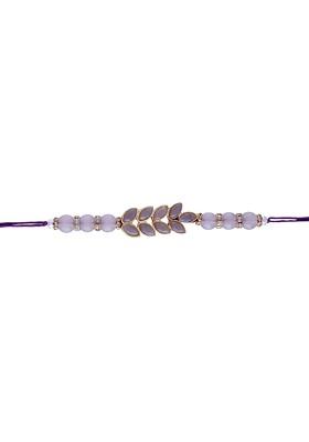 Gold Toned White And Grey Stone Studded And Pearl Beaded Rakhi