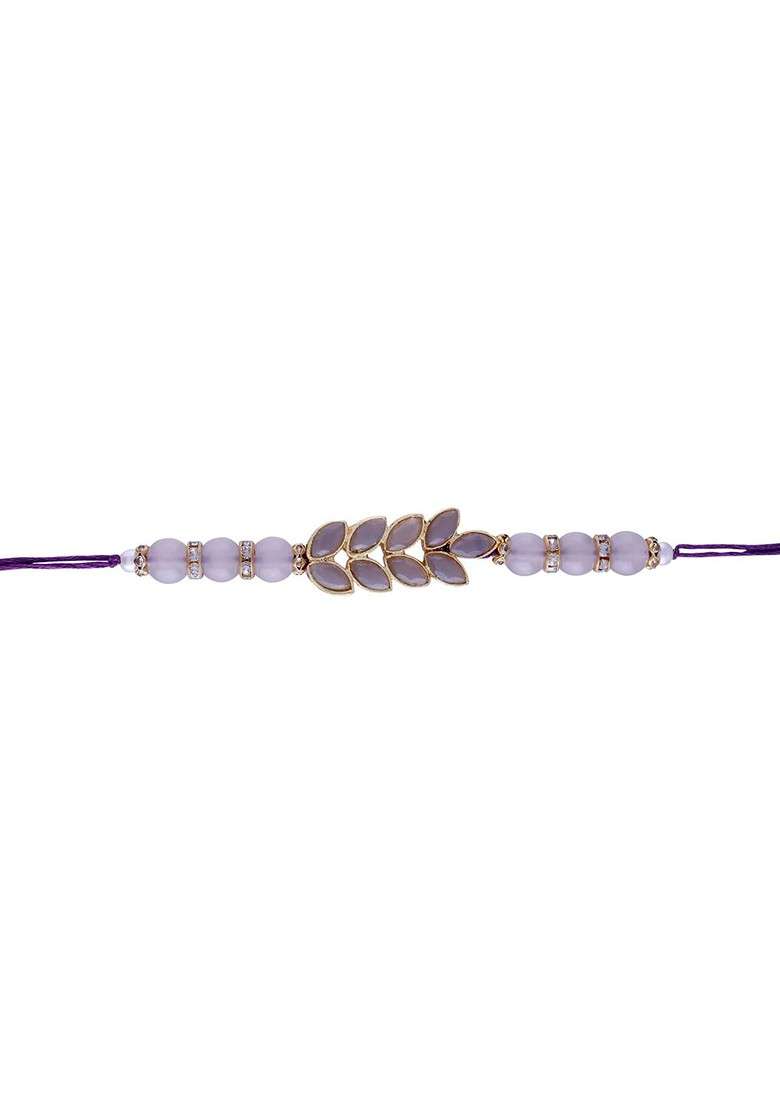 Gold Toned White And Grey Stone Studded And Pearl Beaded Rakhi - Indya
