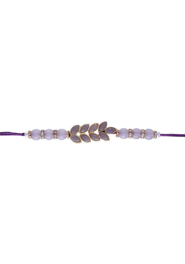 Gold Toned White And Grey Stone Studded And Pearl Beaded Rakhi - Indya