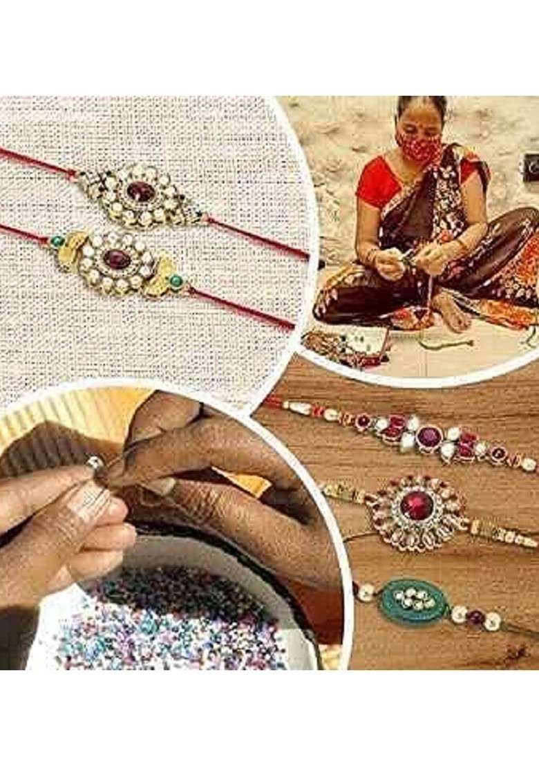 Gold Toned White And Grey Stone Studded And Pearl Beaded Rakhi - Indya