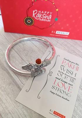 Men Silver Toned Rudraksha Studded Om Kada Bracelet Rakhi