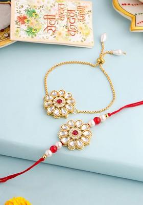 Set Of 2 Gold Toned Kundan Studded Bhaiya Bhabhi Rakhi Set With Roli Chawal