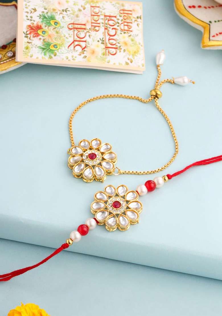 Set Of 2 Gold Toned Kundan Studded Bhaiya Bhabhi Rakhi Set With Roli Chawal - Indya