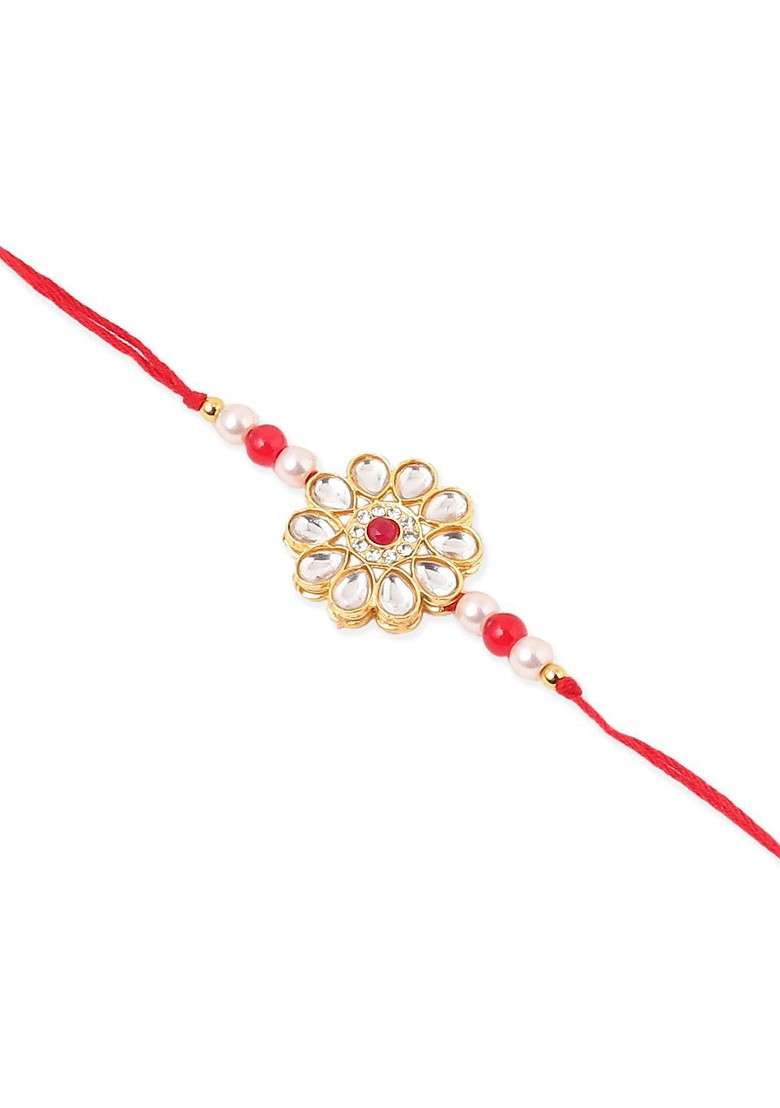 Set Of 2 Gold Toned Kundan Studded Bhaiya Bhabhi Rakhi Set With Roli Chawal - Indya