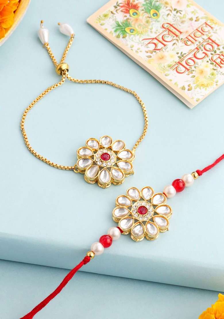 Set Of 2 Gold Toned Kundan Studded Bhaiya Bhabhi Rakhi Set With Roli Chawal - Indya