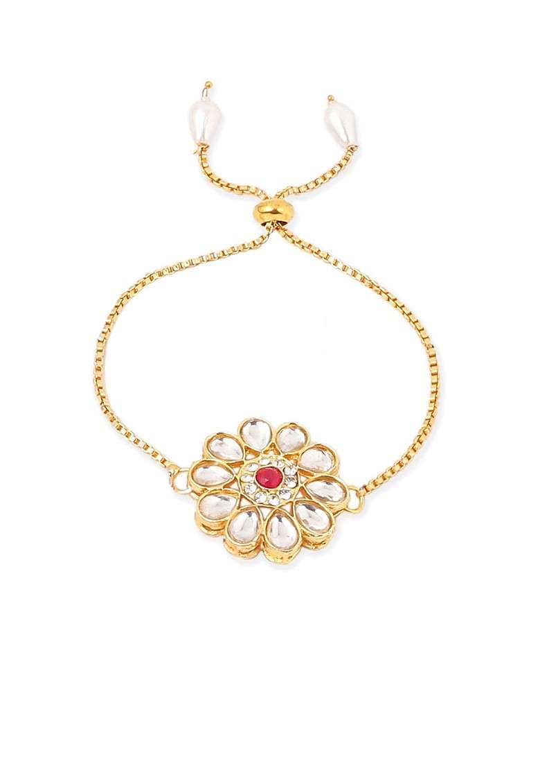 Set Of 2 Gold Toned Kundan Studded Bhaiya Bhabhi Rakhi Set With Roli Chawal - Indya