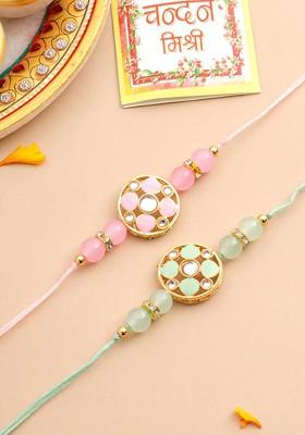 Set Of 2 Artificial Stones And Beads Floral Bhaiya Bhabhi Rakhi With Roli Chawal