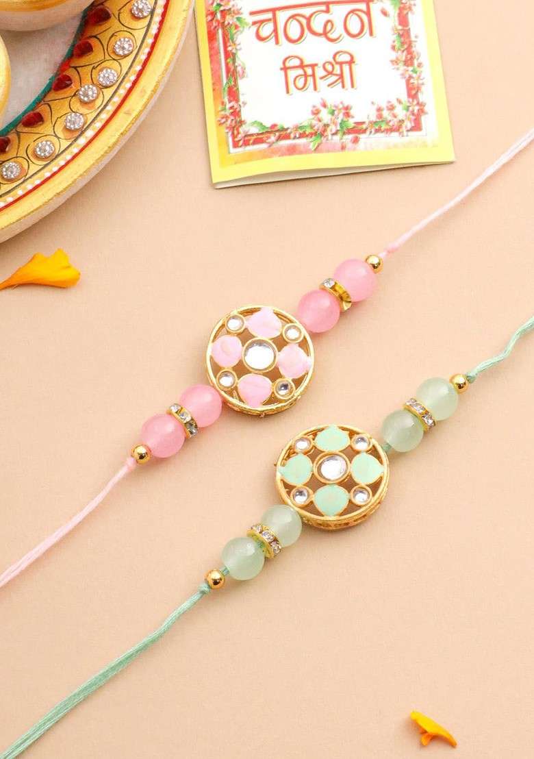 Set Of 2 Artificial Stones And Beads Floral Bhaiya Bhabhi Rakhi With Roli Chawal - Indya