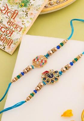 Set Of 2 Blue Artificial Stones And Beads Bhaiya Bhabhi Rakhi With Roli Chawal