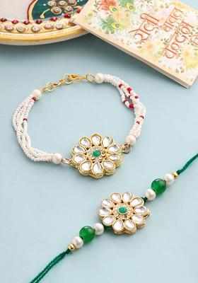 Set Of 2 Kundan Studded Gold Toned Bhaiya Bhabhi Rakhi Set With Roli Chawal