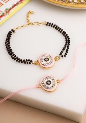 Set Of 2 Pink Round Artificial Stones Bhaiya Bhabhi Rakhi With Roli Chawal