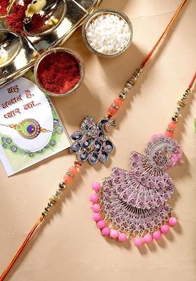 Set Of 2 Peacock Design Stone Studded Bhaiya Bhabhi Rakhi With Roli Chawal
