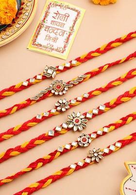 Set Of 6 Red And Yellow Kundan Studded Thread Rakhi With Roli Chawal Chandan And Mishri