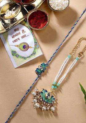 Set Of 2 Turquoise Kundan Studded And Beaded Bhaiya Bhabhi Rakhi With Roli Chawal
